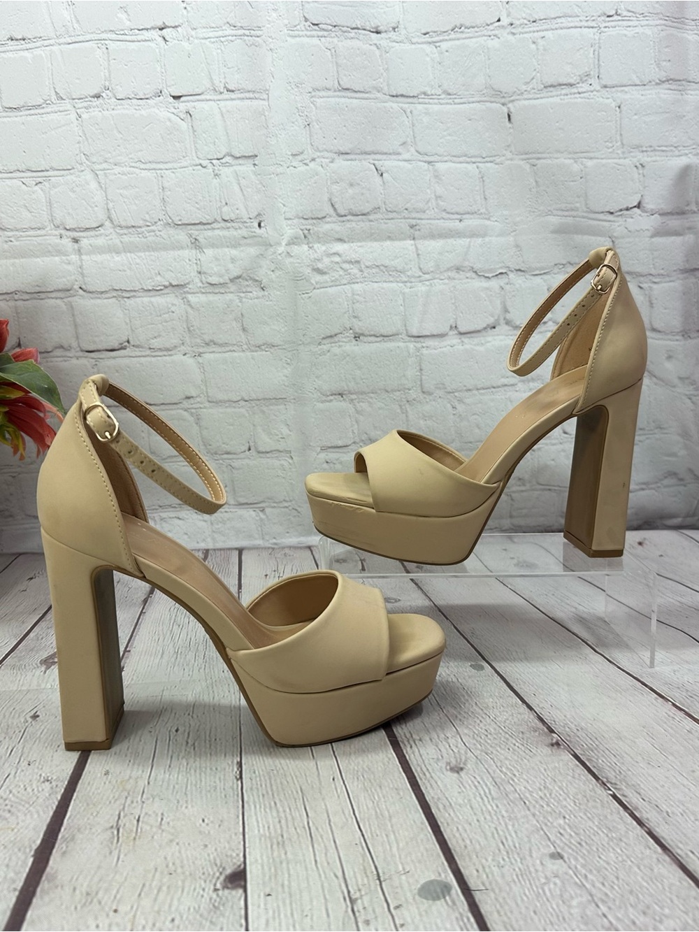 Anne Michelle Beige Platform Ankle-Strap Block Heels